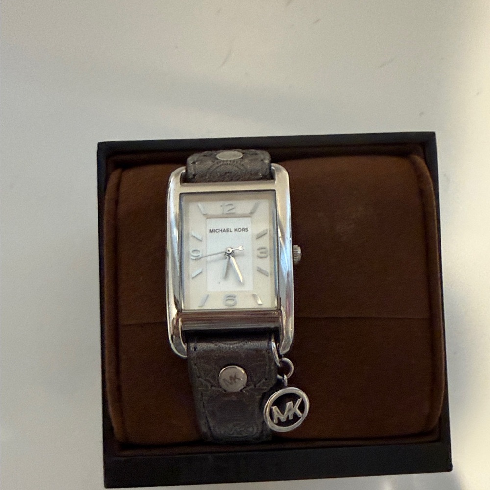 Michael Kors Women’s Gray Leather Strap Rectangular Watch